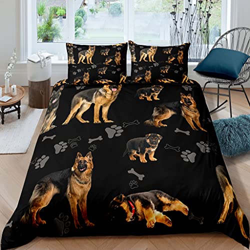 XPINGO Kinder Bettwäsche Deutscher Schäferhund 135x200 cm 2teilig Jungen und Mädchen 100% Mikrofaser Sommer Weiche Winter Warm Bettbezüge 3D Retro Hund Bettbezug mit Kissenbezüge 80x80 cm von XPINGO