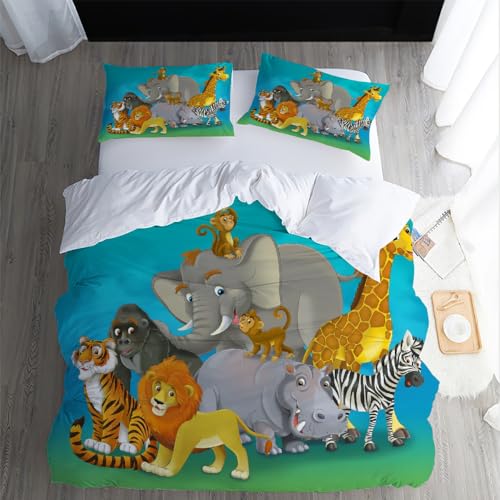 XPINGO Kinder Bettwäsche Elefant 135x200 cm 4teilig 100% Mikrofaser Sommer Weiche Warm Bettbezüge mit Reißverschluss 3D Zoo Bettbezug mit 2 Kissenbezüge 80x80 cm（Stil 57-2） von XPINGO