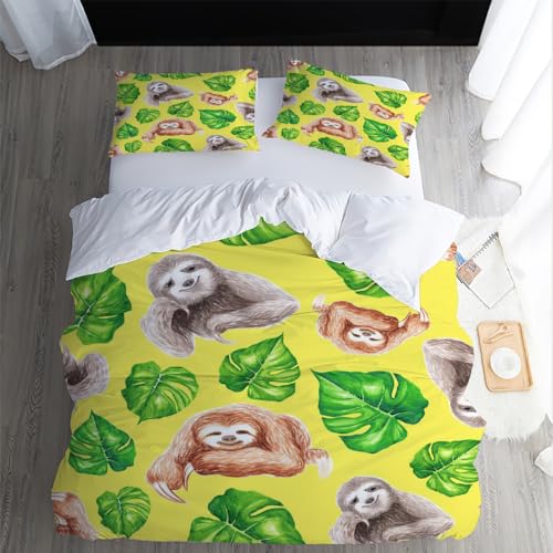 XPINGO Kinder Bettwäsche Faultier 155x220 cm 3teilig 100% Mikrofaser Sommer Weiche Warm Bettbezüge mit Reißverschluss 3D Cartoon Faultier Bettbezug mit 2 Kissenbezüge 80x80 cm（Stil 57-7） von XPINGO