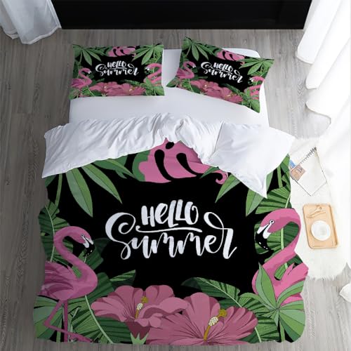 XPINGO Kinder Bettwäsche Flamingo 135x200 cm 2teilig 100% Mikrofaser Sommer Weiche Warm Bettbezüge mit Reißverschluss 3D Palmblätter Bettbezug mit Kissenbezüge 80x80 cm（Stil 60-4） von XPINGO