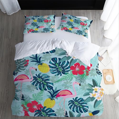 XPINGO Kinder Bettwäsche Flamingo 135x200 cm 4teilig 100% Mikrofaser Sommer Weiche Warm Bettbezüge mit Reißverschluss 3D Palmblätter Bettbezug mit 2 Kissenbezüge 80x80 cm（Stil 54-6） von XPINGO