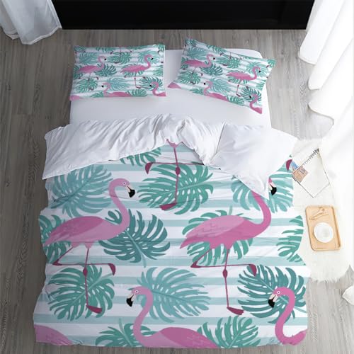 XPINGO Kinder Bettwäsche Flamingo 135x200 cm 4teilig 100% Mikrofaser Sommer Weiche Warm Bettbezüge mit Reißverschluss 3D Palmblätter Bettbezug mit 2 Kissenbezüge 80x80 cm（Stil 56-5） von XPINGO
