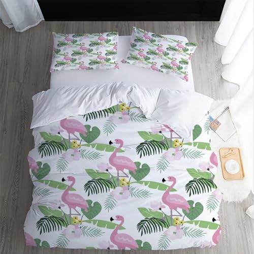 XPINGO Kinder Bettwäsche Flamingo 135x200 cm 4teilig 100% Mikrofaser Sommer Weiche Warm Bettbezüge mit Reißverschluss 3D Palmblätter Bettbezug mit 2 Kissenbezüge 80x80 cm（Stil 60-3） von XPINGO
