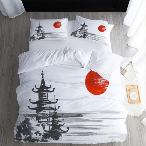 XPINGO Kinder Bettwäsche Japan Stil 135x200 cm 2teilig 100% Mikrofaser Sommer Weiche Warm Bettbezüge mit Reißverschluss 3D Tuschemalerei Bettbezug mit Kissenbezüge 80x80 cm（Stil 52-8） von XPINGO