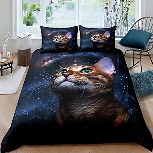 XPINGO Kinder Bettwäsche Katze 135x200 cm 2teilig Jungen und Mädchen 100% Mikrofaser Sommer Weiche Winter Warm Bettbezüge 3D Universum Sternenhimmel Bettbezug mit Kissenbezüge 80x80 cm von XPINGO