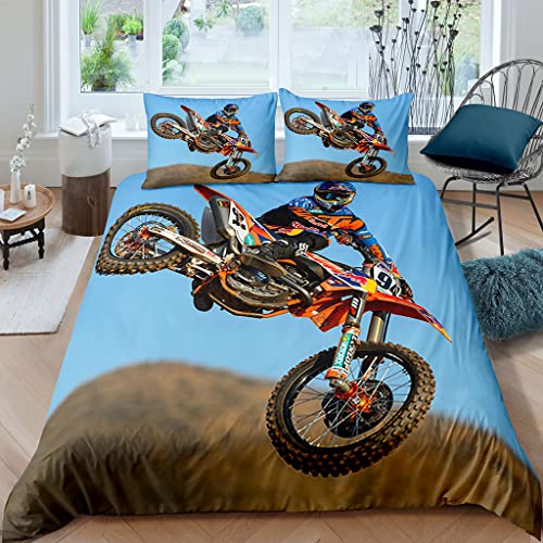 XPINGO Kinder Bettwäsche Motocross 155x220 cm 3teilig Jungen und Mädchen 100% Mikrofaser Sommer Weiche Winter Warm Bettbezüge 3D Cool Motorrad Bettbezug mit 2 Kissenbezüge 80x80 cm von XPINGO