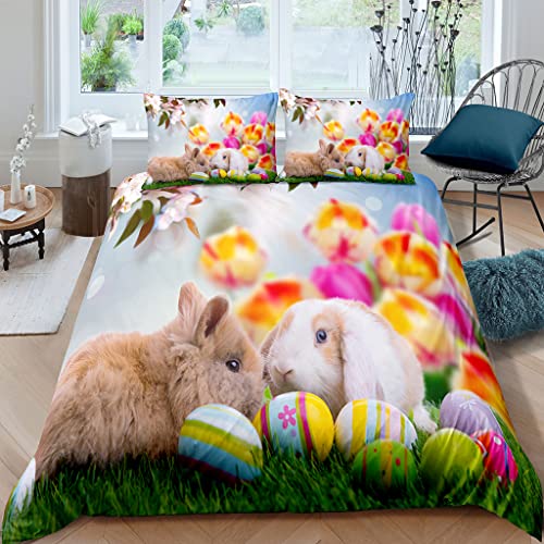 XPINGO Kinder Bettwäsche Ostern 135x200 cm 2teilig Jungen und Mädchen 100% Mikrofaser Sommer Weiche Winter Warm Bettbezüge 3D Blumen Hase Bettbezug mit Kissenbezüge 80x80 cm von XPINGO