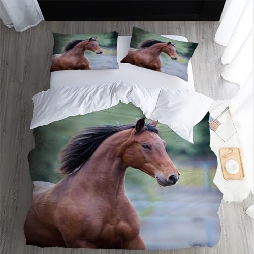 XPINGO Kinder Bettwäsche Pferd 135x200 cm 4teilig 100% Mikrofaser Sommer Weiche Warm Bettbezüge mit Reißverschluss 3D Tiere Pferd Bettbezug mit 2 Kissenbezüge 80x80 cm（Stil 55-9） von XPINGO