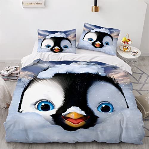 XPINGO Kinder Bettwäsche Pinguin 135x200 cm 4teilig Jungen und Mädchen Mikrofaser Weiche Winter Warm Bettbezüge mit Reißverschluss 3D Winterthema Bettbezug mit 2 Kissenbezüge 80x80 cm von XPINGO