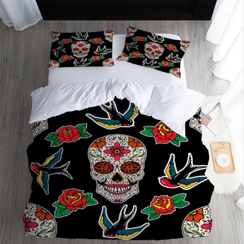 XPINGO Kinder Bettwäsche Schädel 135x200 cm 4teilig 100% Mikrofaser Sommer Weiche Warm Bettbezüge mit Reißverschluss 3D Gotisch Bettbezug mit 2 Kissenbezüge 80x80 cm（Stil 52-1） von XPINGO