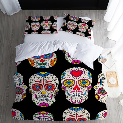 XPINGO Kinder Bettwäsche Schädel 155x220 cm 3teilig 100% Mikrofaser Sommer Weiche Warm Bettbezüge mit Reißverschluss 3D Gotisch Bettbezug mit 2 Kissenbezüge 80x80 cm（Stil 54-2） von XPINGO
