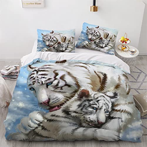 XPINGO Kinder Bettwäsche Tiger 135x200 cm 2teilig Jungen und Mädchen Mikrofaser Weiche Winter Warm Bettbezüge mit Reißverschluss 3D Winterthema Bettbezug mit Kissenbezüge 80x80 cm von XPINGO