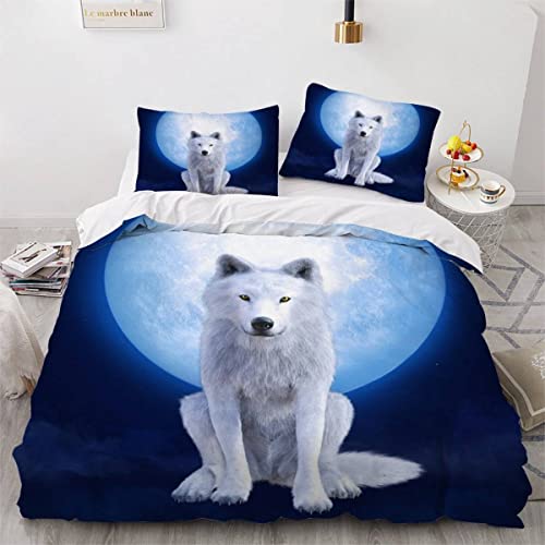 XPINGO Kinder Bettwäsche Wolf 135x200 cm 4teilig Jungen 100% Mikrofaser Sommer Weiche Winter Warm Bettbezüge mit Reißverschluss 3D Mond Sternenhimmel Wolf Bettbezug mit 2 Kissenbezüge 80x80 cm von XPINGO