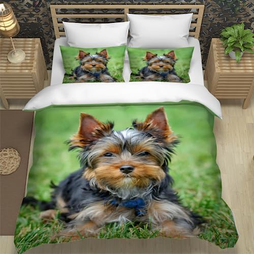 XPINGO Kinder Bettwäsche Yorkshire Terrier 135x200 cm 4teilig Jungen und Mädchen 100% Mikrofaser Sommer Weiche Winter Warm Bettbezüge 3D Tier Hund Bettbezug mit 2 Kissenbezüge 80x80 cm von XPINGO