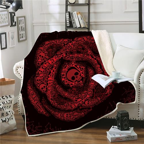 XPINGO Rose Schädel Kuscheldecke Sherpa Decke 130x150 cm Mikrofaser Super Weich und Warme Winter Blanket 3D Gothic Totenkopf Wohndecke Fleecedecke Flauschige Sofadecke für Sofaüberwurf Tagesdecke von XPINGO