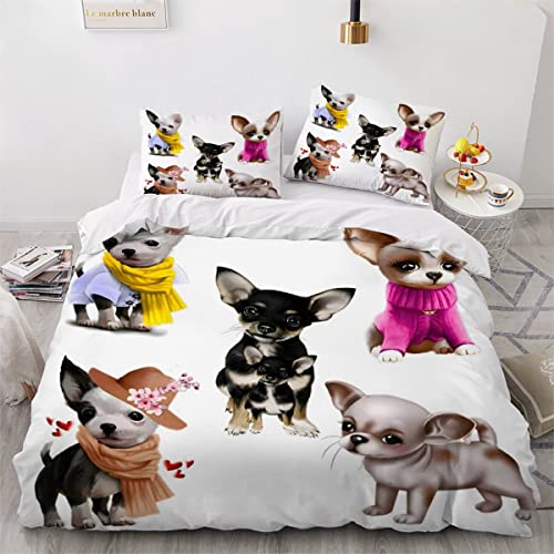 XPINGO Teenager Bettwäsche Chihuahua 200x200 cm 3teilig Jungen und Mädchen Mikrofaser Weiche Winter Warm Bettbezüge mit Reißverschluss 3D Kawaii-Hund Bettbezug mit 2 Kissenbezüge 80x80 cm von XPINGO