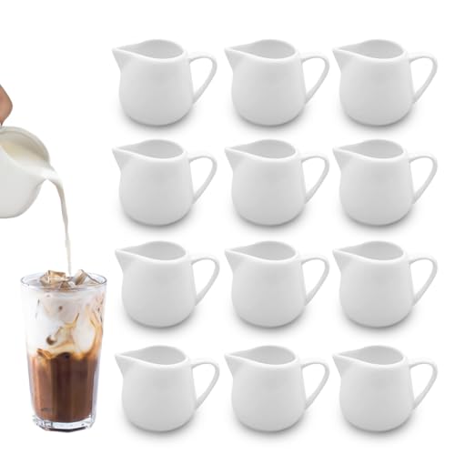 12 Stück Weiße Milchkännchen Porzellan, XPJBKC 50ml Kleine Milchkanne mit Griff, Milk Jug Mini Milchkännchen Keramik, Aufschäumkännchen Klein Espresso Kännchen zum Milchaufschäumen,Kaffee, Saucen,Soße von XPJBKC