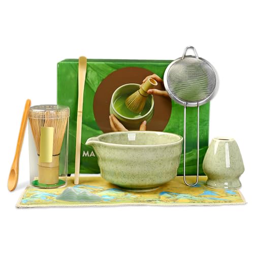 XPJBKC 8 Teiliges Matcha Set, Matcha Tee Set Inkl. Keramik Matcha Schale mit Ausguss, Matcha Besen, Whisk Halter, Matcha Löffel und Halter, Sieb, Geschirrtuch, Geschenk für Teezeremonie Liebhabern XPJBKC 8 Teiliges Matcha Set, Matcha Tee Set Inkl. Keramik Matcha Schale mit Ausguss, Matcha Besen, Whisk Halter, Matcha Löffel und Halter, Sieb, Geschirrtuch, Geschenk für Teezeremonie Liebhabern von XPJBKC