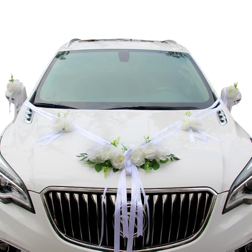 XPJBKC Autoschmuck Hochzeit Motorhaube, Auto Deko Hochzeit mit Autoschleifen, Auto Hochzeitsschmuck, Künstliche Rosenautodekoration mit Schleifenband von XPJBKC