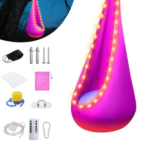 XPJBKC Hängehöhle, Pod Schaukelsitz mit LED&Aufblasbarem Kissen, DIY hängesitz mit Pumpe, Pod Swing Seat, Belastbar bis 80 kg - 70x150 cm (Pink) von XPJBKC