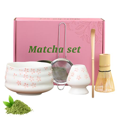 XPJBKC Matcha-Schneebesen-Set, 5-teiliges Matcha-Set, Rosa, wiederverwendbarer Matcha-Schneebesen und Schüssel, Matcha-Pulversieb, Geschenk für Anfänger und Enthusiasten (Sakura) von XPJBKC