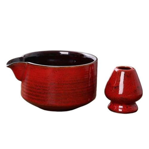 2PCS Keramik Matcha Schüssel Set Mit Ausgießer Wiederverwendbare Tee Schneebesen Halter Handgemachte Grün Tee Schüssel Matcha Tee Set(Red) von XPJYUA