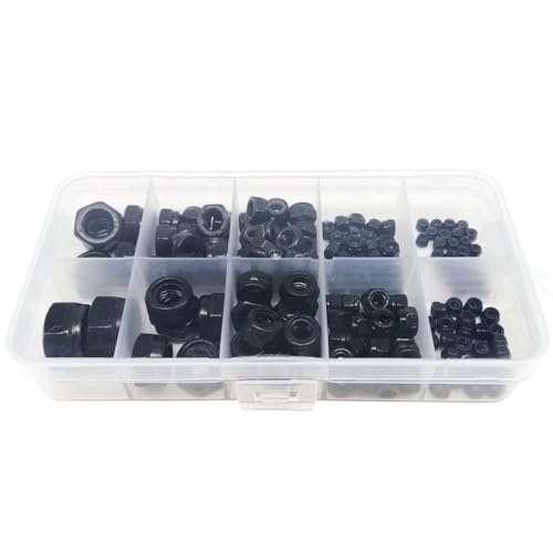 Selbstsichernde muttern 357/200/162 Stück Mix M2 bis M12 Set Kit DIN985 schwarzer Kohlenstoffstahl Sechskant Nyloneinsatz Kontermutter Sechskant selbstsichernde Nylock-Kontermutter(Set C 200pcs) von XPJYUA