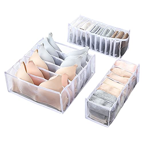 XPOOP 3 Stück Schublade Underwear Organizer, Faltbar Aufbewahrungsbox für Socken, Schrank Organizer, 3er Set Für Bhs, Socken, Unterhosen(Weiß, 6 Gitter + 7 Gitter + 11 Gitter) von XPOOP