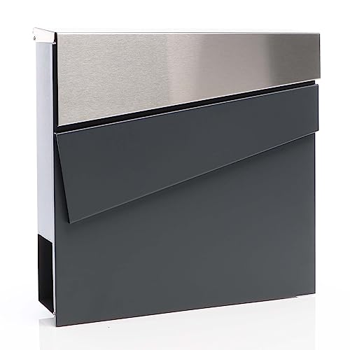 XPOtool Briefkasten V58 Anthrazit und Edelstahl 370 x 105 x 370 mm, Wandbriefkasten mit Schloss, Soft Close Klappe und Zeitungsfach, Postkasten aus Stahl pulverbeschichtet von XPOtool