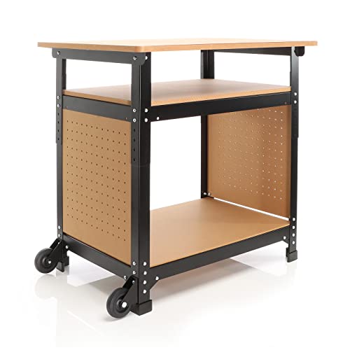 XPOtool Fahrbare Werkbank 69 x 51 x 66-82 cm, höhenverstellbarer Werktisch, Arbeitstisch mit 2 Rollen, 2 Ablagen und seitliche Lochwand von XPOtool