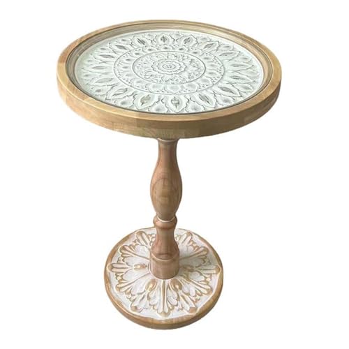 XPSHP25112 Rustikaler Beistelltisch Vintage Geschnitzte Runde Tisch Glas Sofa Seite Freizeit Kaffee Römischen Säule für die Inneneinrichtung(Natural,Klein) von XPSHP25112