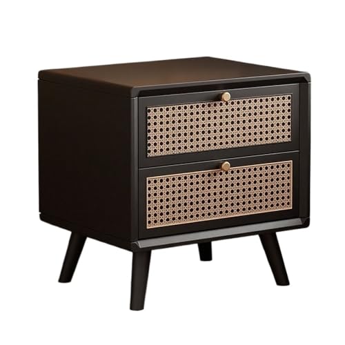 XPSHP25112 Schubladenkommode Handgemachter Rattan Gewebter Nachttisch aus Holz Einfacher Schlafzimmer-Aufbewahrungsschrank mit Zwei Schubladen Kleiner Spind(Schwarz) von XPSHP25112