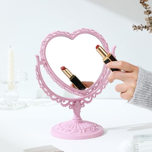 XPXKJ Spiegel in Herzform, 17,8 cm, Kosmetikspiegel mit 3-facher Vergrößerung, Vintage-Stil, für Badezimmer, Schlafzimmer, Ankleidespiegel (rosa Herzform) von XPXKJ