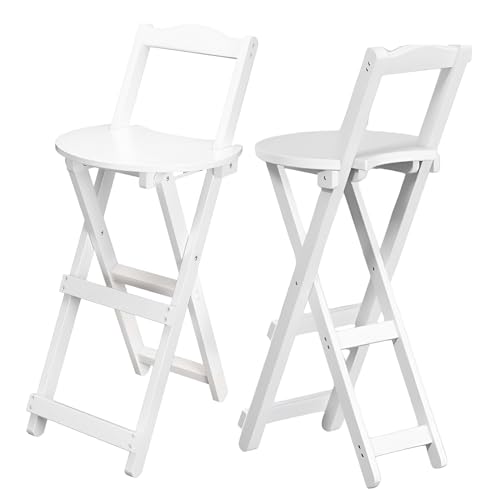 XQJLBZA Barhocker Klappbar 2er Set, 75 cm Höhe Bambus Tresenhocker mit Rückenlehne und Fußstütze, Weiß Tragbarer Küchen-Frühstückshochstuhl von XQJLBZA