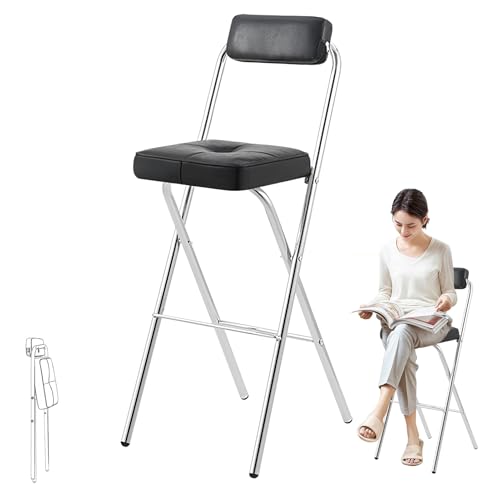 XQJLBZA Barhocker Klappbar mit Rückenlehne, PU-gepolsterter Tresenstuhl, Hoher Klappstuhl für Erwachsene, Küche, Outdoor, Camping, Tragkraft 100KG(Black,65cm/26inch) von XQJLBZA