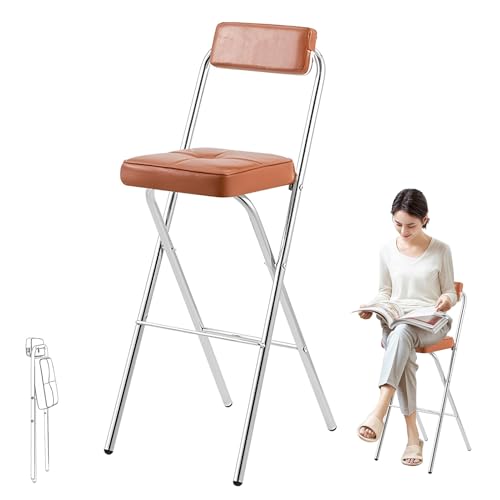 XQJLBZA Barhocker Klappbar mit Rückenlehne, PU-gepolsterter Tresenstuhl, Hoher Klappstuhl für Erwachsene, Küche, Outdoor, Camping, Tragkraft 100KG(Brown,70cm/28inch) von XQJLBZA
