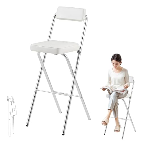 XQJLBZA Barhocker Klappbar mit Rückenlehne, PU-gepolsterter Tresenstuhl, Hoher Klappstuhl für Erwachsene, Küche, Outdoor, Camping, Tragkraft 100KG(White,55cm/22inch) von XQJLBZA