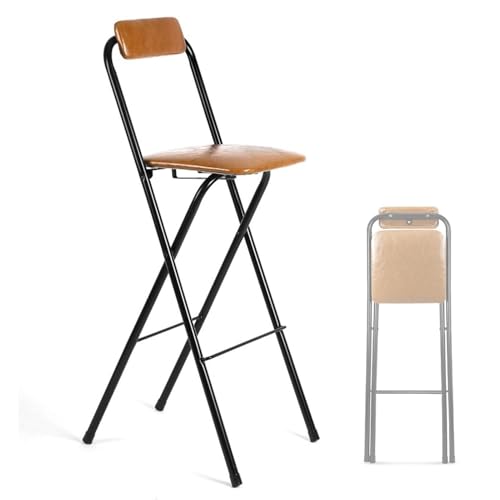 XQJLBZA Tragbarer Klapphocker, Barhocker mit Rückenlehne und Fußstütze, Sitzhöhe 65 cm, Brauner PU Gepolsterter Küchenhocker, Bistrohocker für Erwachsene von XQJLBZA