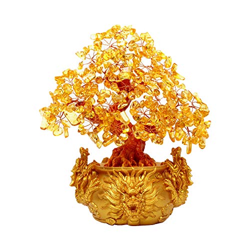 XQK 19,1 cm Feng Shui Geldbaum Tischdeko Natur Gelb Kristall Geldbaum in Einer Geldtasche Büro Wohnzimmer Glücksbringer Dekoration von XQK