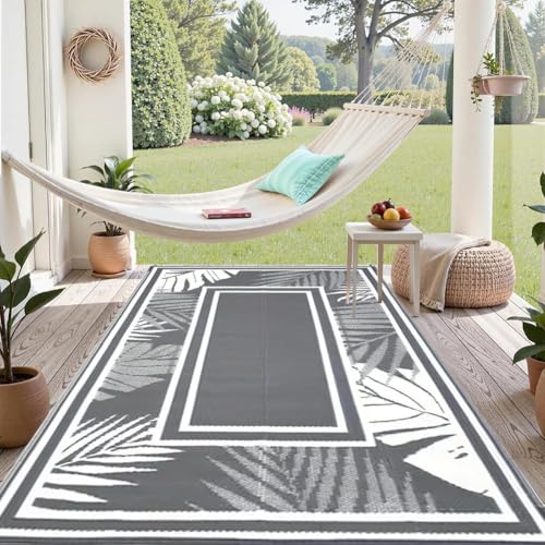 XQKXHZ Balkonteppich Wetterfest Outdoor Garten Teppich 150 x 240 Grau und Weiß Aussenbereich Terrassenteppich, Robuster Flachgewebe Kunststoff Picknickdecke, UV Beständig Reversible Außenteppich von XQKXHZ