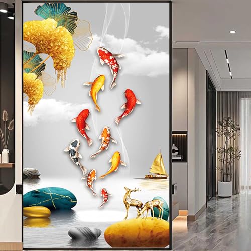 XQKXHZ Fensterfolie Blickdicht Selbsthaftend mit Motiv, 3D-Goldfisch-Dekorfolie, Folie Fenster Sichtschutz, Statisch Haftend ohne Klebstoff Anti UV Sonnenschutz für Badezimmer, Büro,D1,80x120cm von XQKXHZ