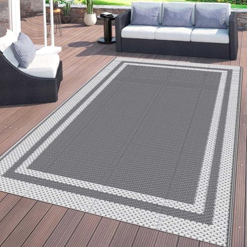 XQKXHZ Grau Gartenteppich Reversible Terrassenteppich Kunststoff Stroh UV-beständig Campingteppich Garten Teppich Draußen wasserfest Outdoor Teppiche für Patios RV Picknick Balkon,6x9ft/180x270cm von XQKXHZ