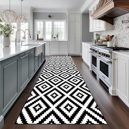 XQKXHZ Teppich Läufer Flur Lang Küchenteppich Waschbar rutschfest Schwarz Weiß Outdoor Teppich Polyester Dauerhaft Flurteppich, Teppich Läufer Meterware Anpassbar,Schwarz,50x150cm/20x59 in von XQKXHZ