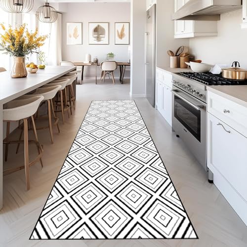 XQKXHZ Teppich Läufer Flur Lang Küchenteppich Waschbar rutschfest Schwarz Weiß Outdoor Teppich Polyester Dauerhaft Flurteppich, Teppich Läufer Meterware Anpassbar,Weiß,100x420cm/39x165 in von XQKXHZ