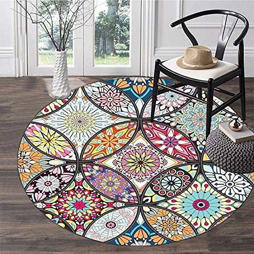 XQKXHZ Teppich Rund 120 cm Bunt Blume Muster Waschbarer Teppiche Böhmisch Dekorative Wohnzimmer Schlafzimmer Ethnisch Bedruckte rutschfeste Runder Teppich, Anpassbar,120cm von XQKXHZ