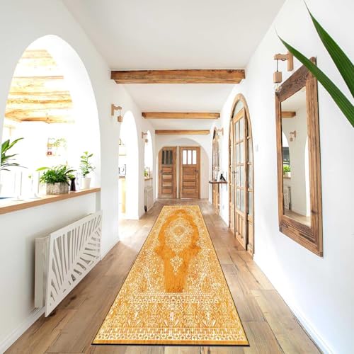 XQKXHZ Vintage Küchenteppich Maschinenwaschbar Flurteppich Läufer Lang Küchen Teppich Boho rutschfeste Küchen Teppich Läufer Orange Teppichläufer für Badezimmer Küche Schlafzimmer Wohnzimmer,80x450cm von XQKXHZ