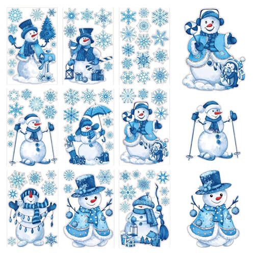 XQMMGO 9 Blatt Fensterbilder Weihnachten Selbstklebend, Wiederverwendbar PVC Doppelseitiger Aufkleber, Weihnachten Deko für Türen Schaufenster Vitrinen Glasfronten (Schneemann) von XQMMGO