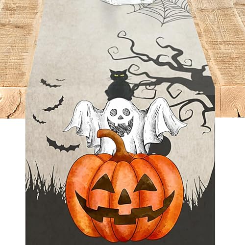 XQMMGO Halloween Tischläufer, Halloween Tischdeko Tischläufe, Drinnen Urlaub Party Dekor, Mode Kürbisse Tischläufer 33x183 cm, für Halloween Party (Schwarze Katze) von XQMMGO