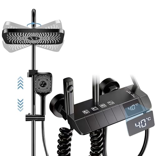 Duschsystem mit Thermostat, LED Digitalanzeige Mischbatterie Duschsäuleset, Handbrause mit 3 Strahlstärken, Duschset mit Armatur, Verstellbare Duschstange und Eckige Kopfbrause (Schwarz) von XQZMD