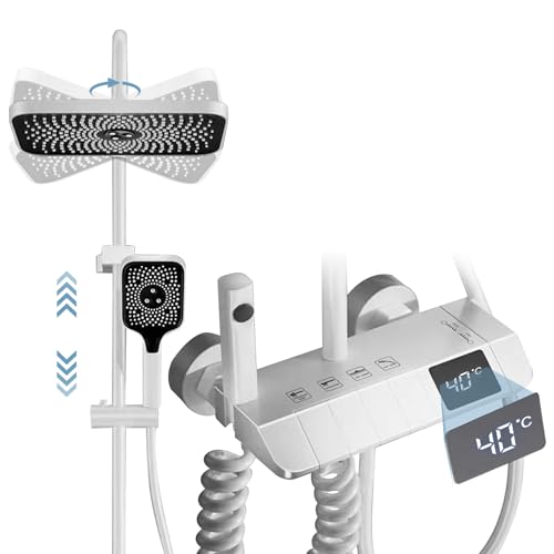 Duschsystem mit Thermostat, LED Digitalanzeige Mischbatterie Duschsäuleset, Handbrause mit 3 Strahlstärken, Duschset mit Armatur, Verstellbare Duschstange und Eckige Kopfbrause (Weiß) von XQZMD